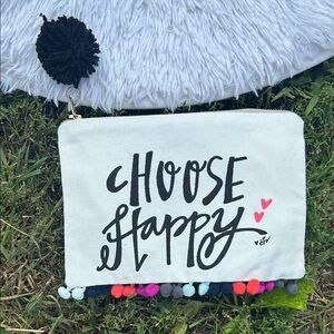 🩶5/$30 Choose Happy White Canvas Zip Top Pouch with Pom Poms